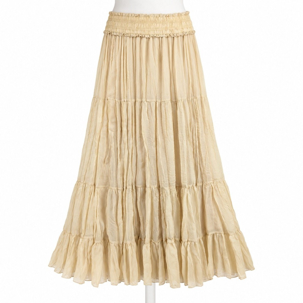 Vintage Y2K Tiered Fairy Broomstick Skirt Size M Tan Elastic Waist Flowy Boho